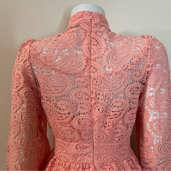 Blush pink V-neck floral crochet lace long sleeve mini dress - Picture 6 of 8